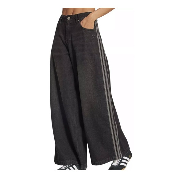 NWT Adidas JV7453 Black Denim Pockets Button 3-Stripe Jeans Pants Women's 30x27